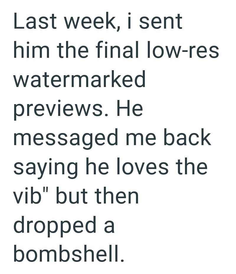 Last week, i sent him the final low-res watermarked previews. He messaged me back saying he loves the vib" but then dropped a bombshell.