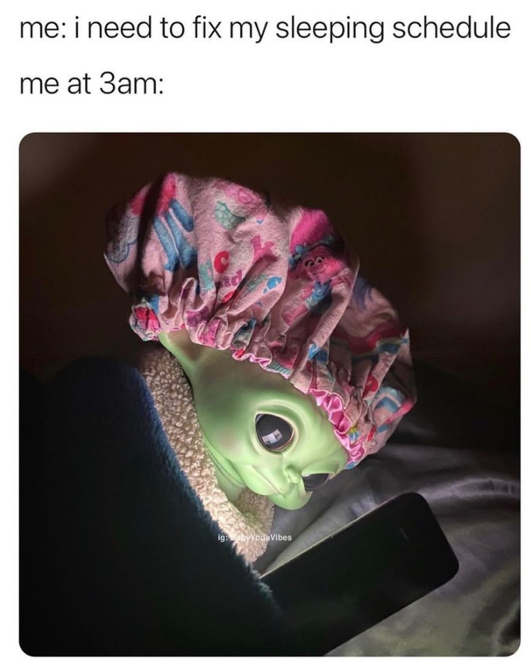 me: i need to fix my sleeping schedule me at 3am: ig: BabyYodaVibes