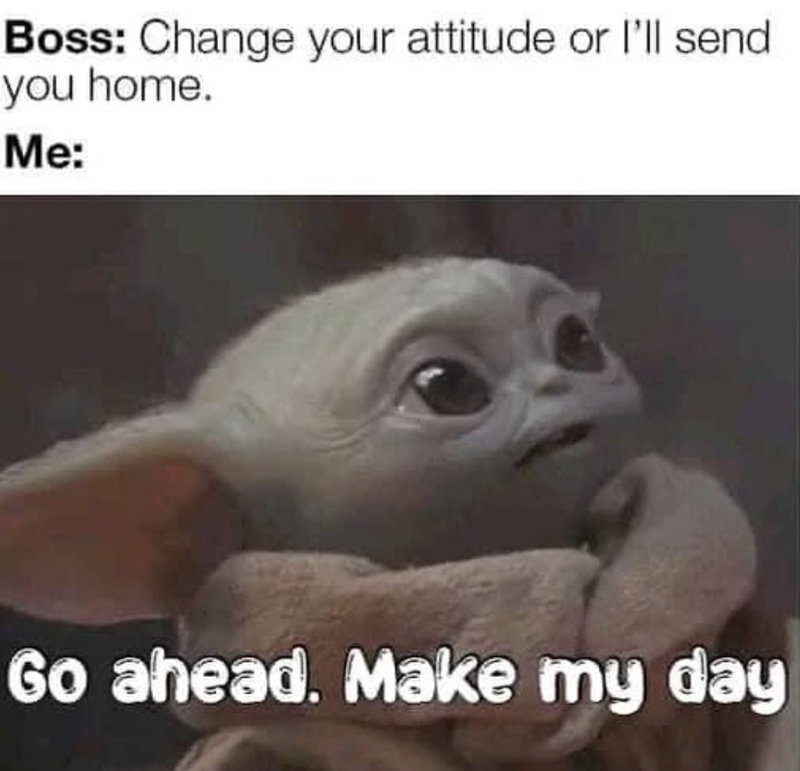 Boss: Change your attitude or I'll send you home. Me: Go ahead. Make my day
