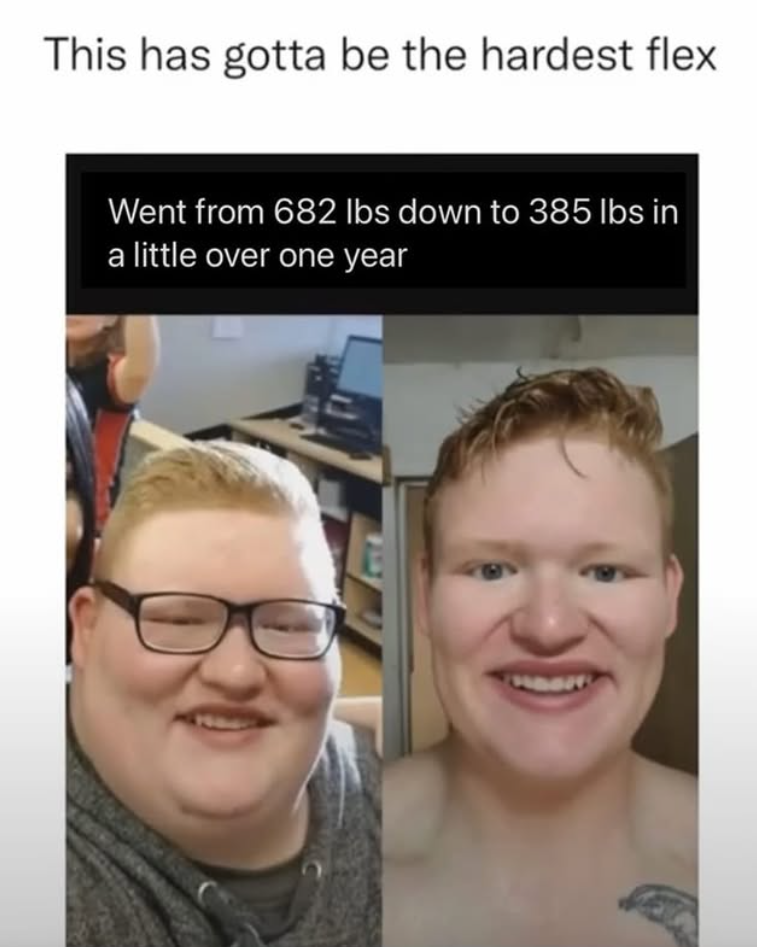 This has gotta be the hardest flex Went from 682 lbs down to 385 lbs in a little over one year