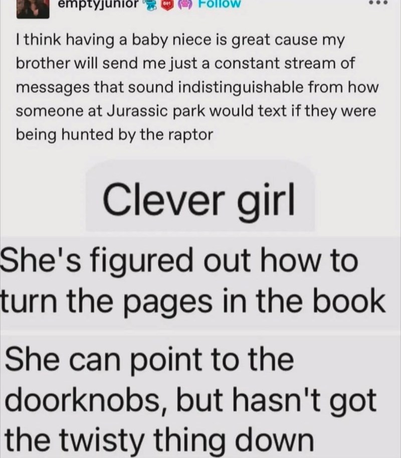 emptyjunior Follow I think having a baby niece is great cause my brother will send me just a constant stream of messages that sound indistinguishable from how someone at Jurassic park would text if they were being hunted by the raptor Clever girl She's figured out how to turn the pages in the book She can point to the doorknobs, but hasn't got the twisty thing down