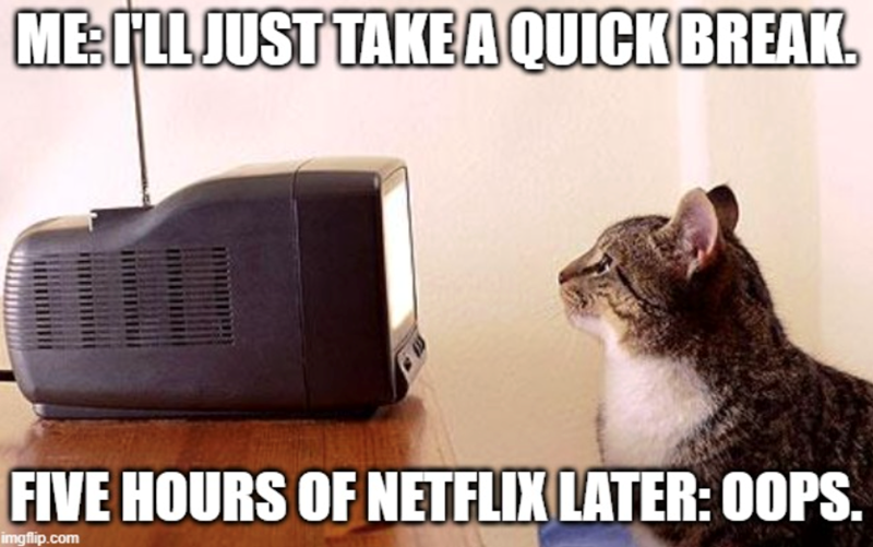 ME: I'LL JUST TAKE A QUICK BREAK. FIVE HOURS OF NETFLIX LATER: OOPS. imgflip.com
