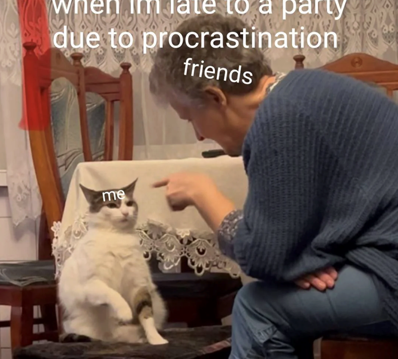 when im late to a party due to procrastination friends me