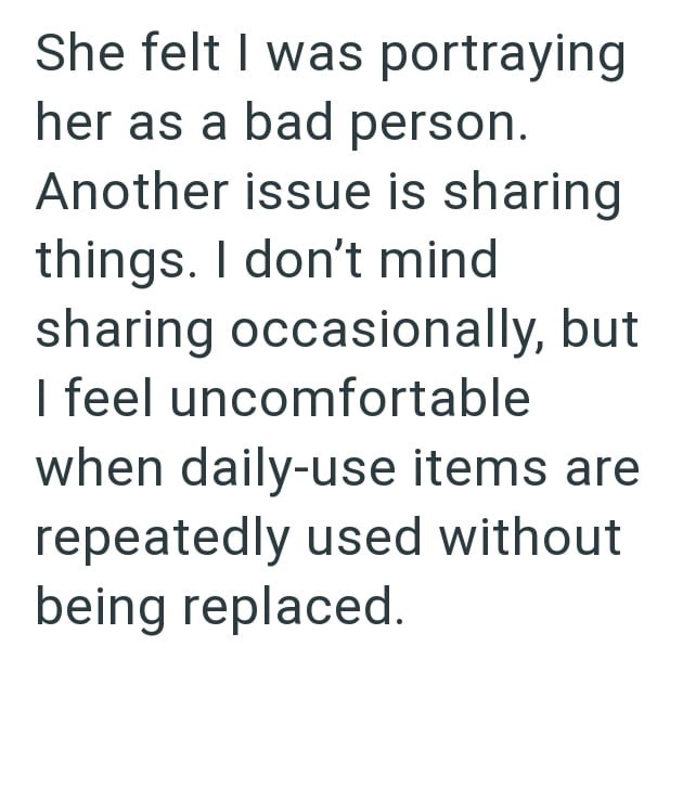 She felt I was portraying her as a bad person. Another issue is sharing things. I don't mind sharing occasionally, but I feel uncomfortable when daily-use items are repeatedly used without being replaced.