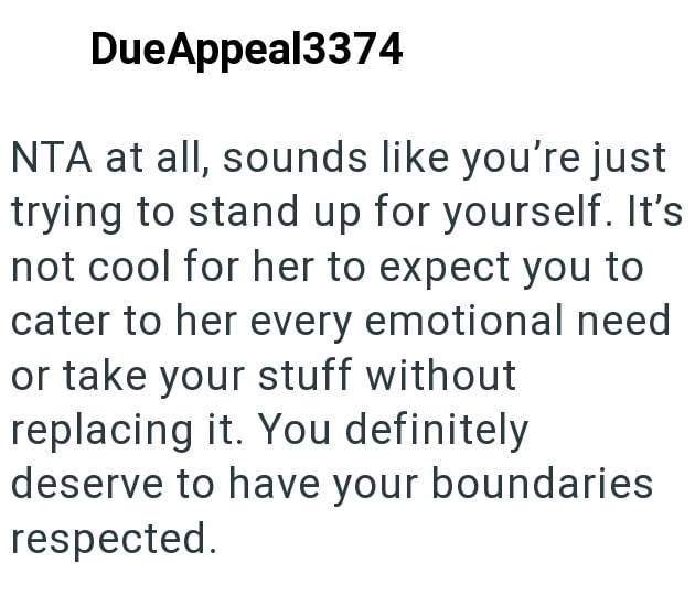 DueAppeal3374 NTA at all, sounds like you're just trying to stand up for yourself. It's not cool for her to expect you to cater to her every emotional need or take your stuff without replacing it. You definitely deserve to have your boundaries respected.