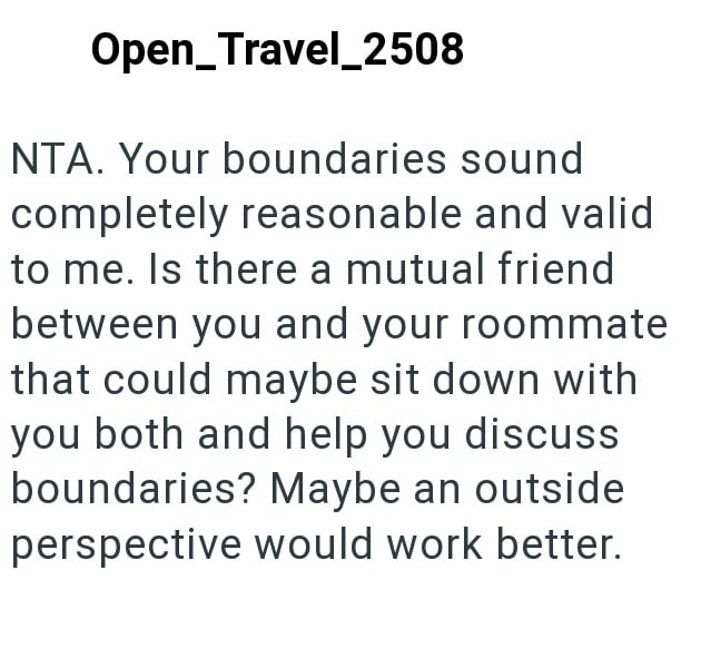 Open Travel_2508 NTA. Your boundaries sound completely reasonable and valid to me. Is there a mutual friend between you and your roommate that could maybe sit down with you both and help you discuss boundaries? Maybe an outside perspective would work better.