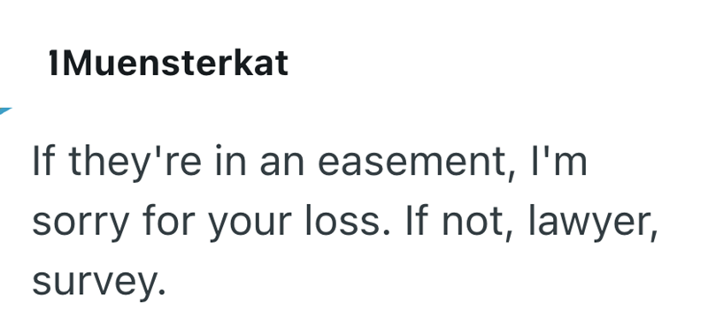 1Muensterkat If they're in an easement, I'm sorry for your loss. If not, lawyer, survey.