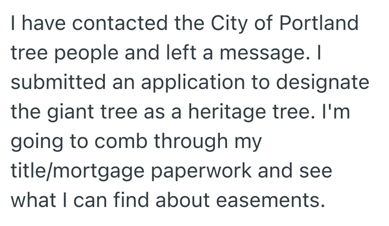 I have contacted the City of Portland tree people and left a message. I submitted an application to designate the giant tree as a heritage tree. I'm going to comb through my title/mortgage paperwork and see what I can find about easements.