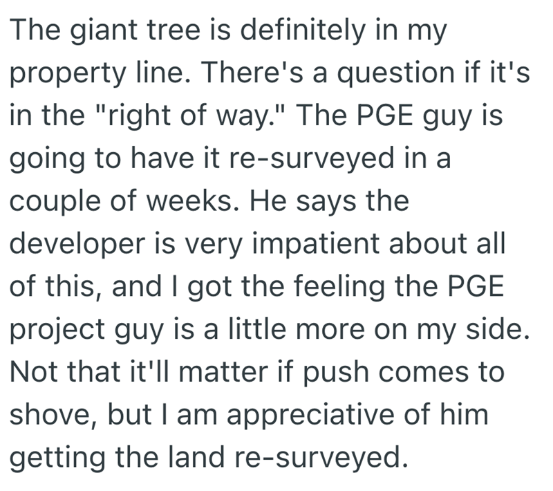 The giant tree is definitely in my property line. There's a question if it's in the "right of way." The PGE guy is going to have it re-surveyed in a couple of weeks. He says the developer is very impatient about all of this, and I got the feeling the PGE project guy is a little more on my side. Not that it'll matter if push comes to shove, but I am appreciative of him getting the land re-surveyed.