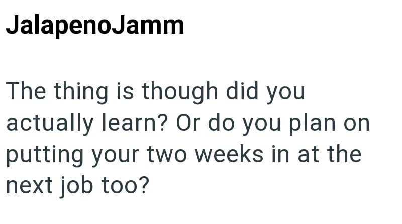 JalapenoJamm The thing is though did you actually learn? Or do you plan on putting your two weeks in at the next job too?