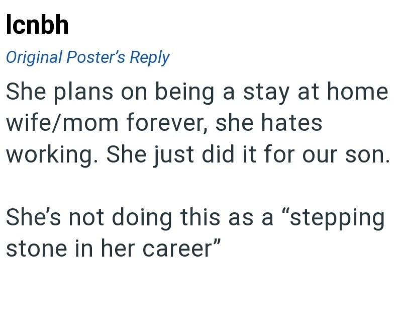 Icnbh Original Poster's Reply She plans on being a stay at home wife/mom forever, she hates working. She just did it for our son. She's not doing this as a "stepping stone in her career"