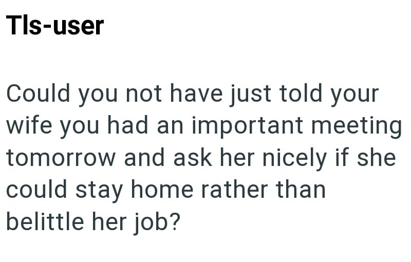 Tls-user Could you not have just told your wife you had an important meeting tomorrow and ask her nicely if she could stay home rather than belittle her job?