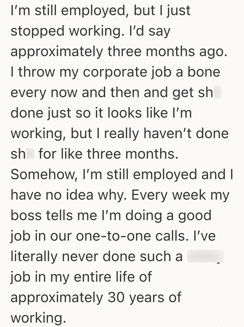 I'm still employed, but I just stopped working. I'd say approximately three months ago. I throw my corporate job a bone every now and then and get sh done just so it looks like I'm working, but I really haven't done sh for like three months. Somehow, I'm still employed and I have no idea why. Every week my boss tells me I'm doing a good job in our one-to-one calls. I've literally never done such a job in my entire life of approximately 30 years of working.