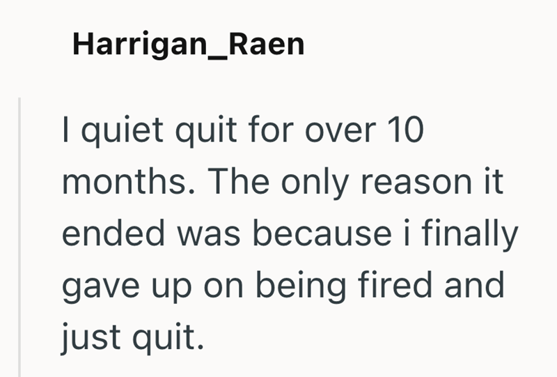 Harrigan_Raen I quiet quit for over 10 months. The only reason it ended was because i finally gave up on being fired and just quit.