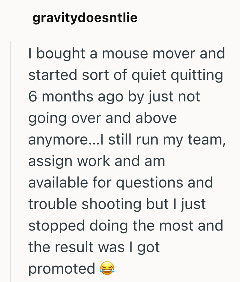 gravitydoesntlie I bought a mouse mover and started sort of quiet quitting 6 months ago by just not going over and above. anymore...I still run my team, assign work and am available for questions and trouble shooting but I just stopped doing the most and the result was I got promoted