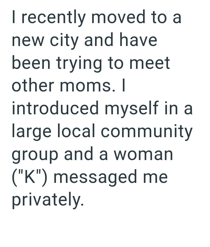 I recently moved to a new city and have been trying to meet other moms. I introduced myself in a large local community group and a woman ("K") messaged me privately.