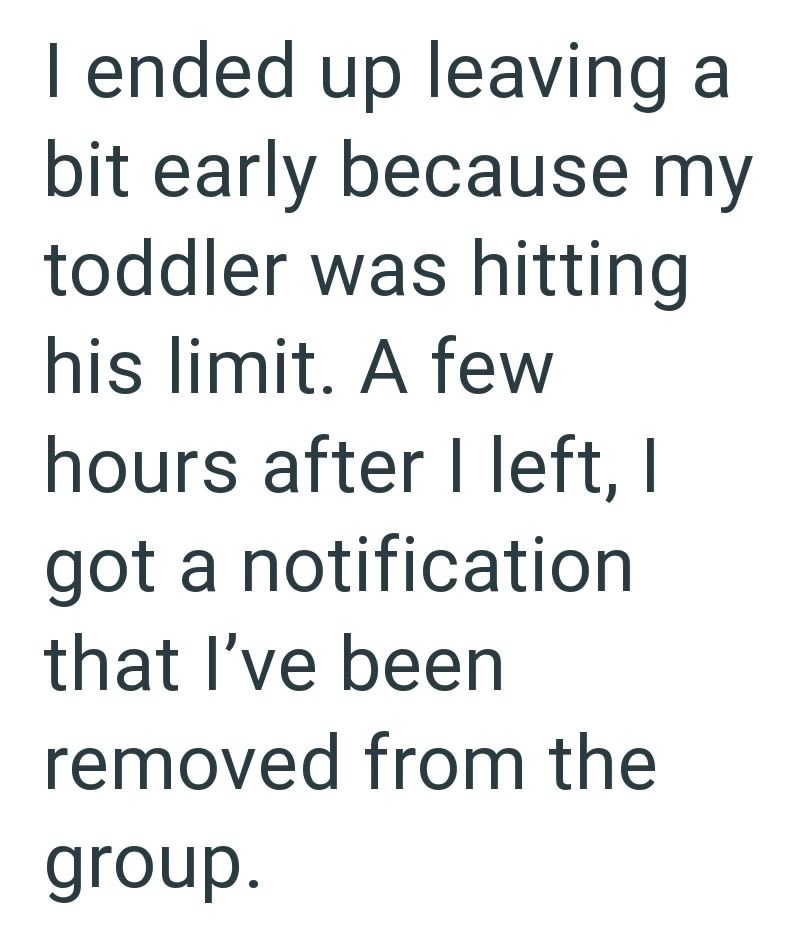 I ended up leaving a bit early because my toddler was hitting his limit. A few hours after I left, I got a notification that I've been removed from the group.