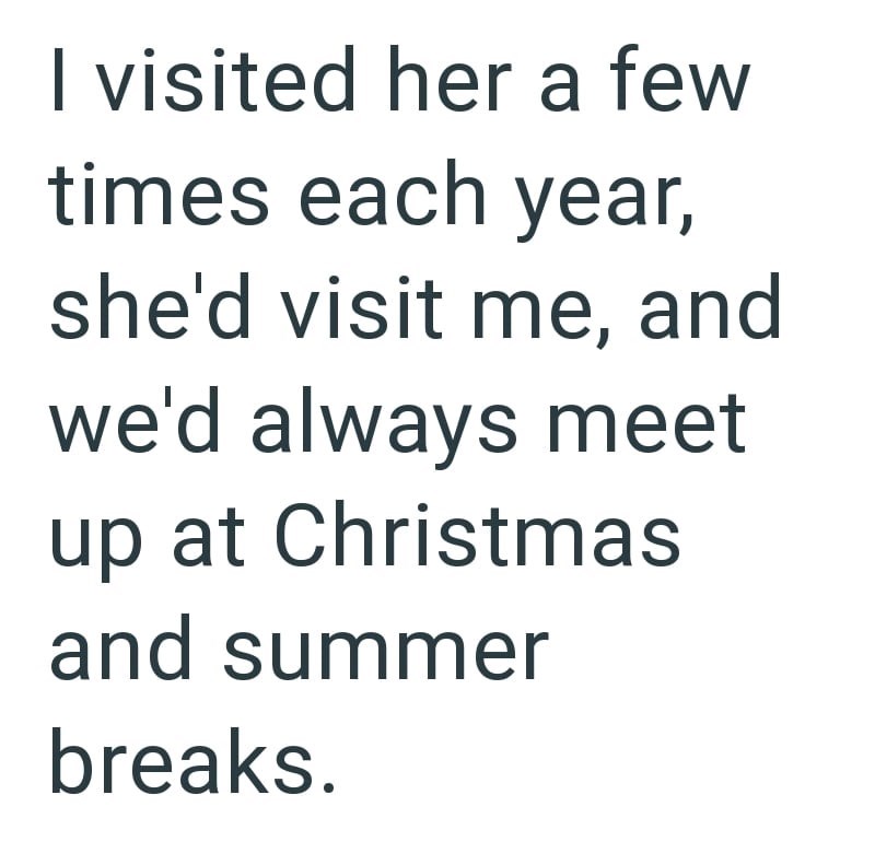 I visited her a few times each year, she'd visit me, and we'd always meet up at Christmas and summer breaks.