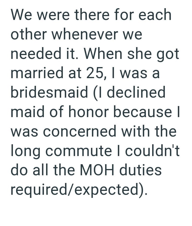 We were there for each other whenever we needed it. When she got married at 25, I was a bridesmaid (I declined maid of honor because I was concerned with the long commute I couldn't do all the MOH duties required/expected).