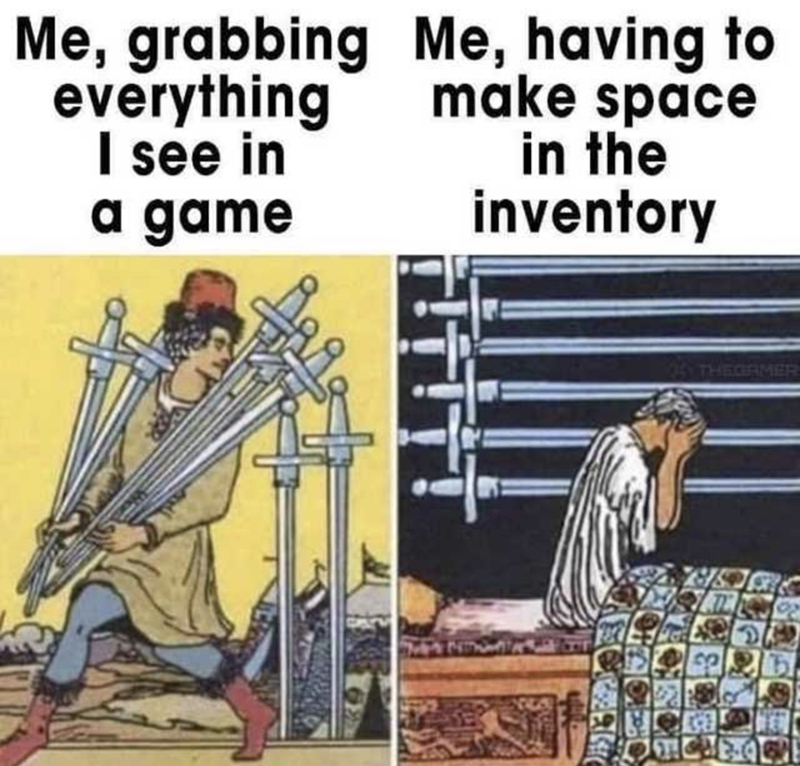Me, grabbing Me, having to everything I see in a game make space in the inventory GAMER