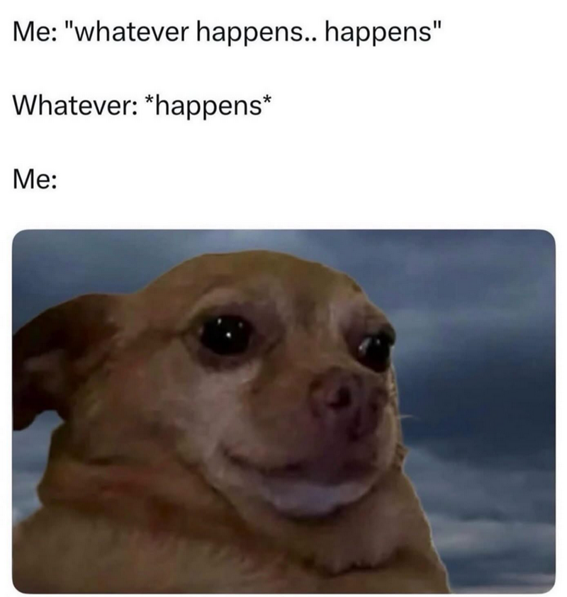 Me: "whatever happens.. happens" Whatever: *happens* Me: