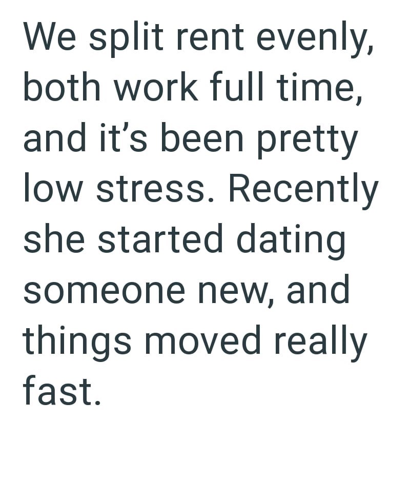 We split rent evenly, both work full time, and it's been pretty low stress. Recently she started dating someone new, and things moved really fast.