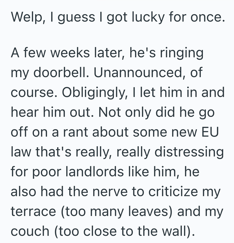 Welp, I guess I got lucky for once. A few weeks later, he's ringing my doorbell. Unannounced, of course. Obligingly, I let him in and hear him out. Not only did he go off on a rant about some new EU law that's really, really distressing for poor landlords like him, he also had the nerve to criticize my terrace (too many leaves) and my couch (too close to the wall).