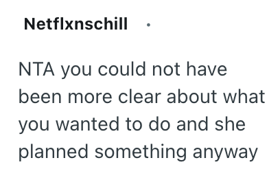 Netflxnschill NTA you could not have been more clear about what you wanted to do and she planned something anyway