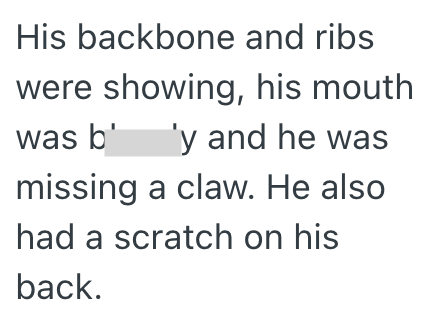 His backbone and ribs were showing, his mouth was b' 'y and he was missing a claw. He also had a scratch on his back.