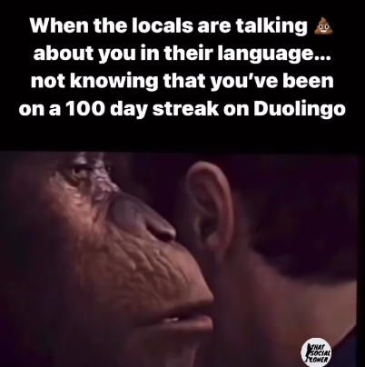 When the locals are talking 10 about you in their language... not knowing that you've been on a 100 day streak on Duolingo THAT SOCIAL ONER