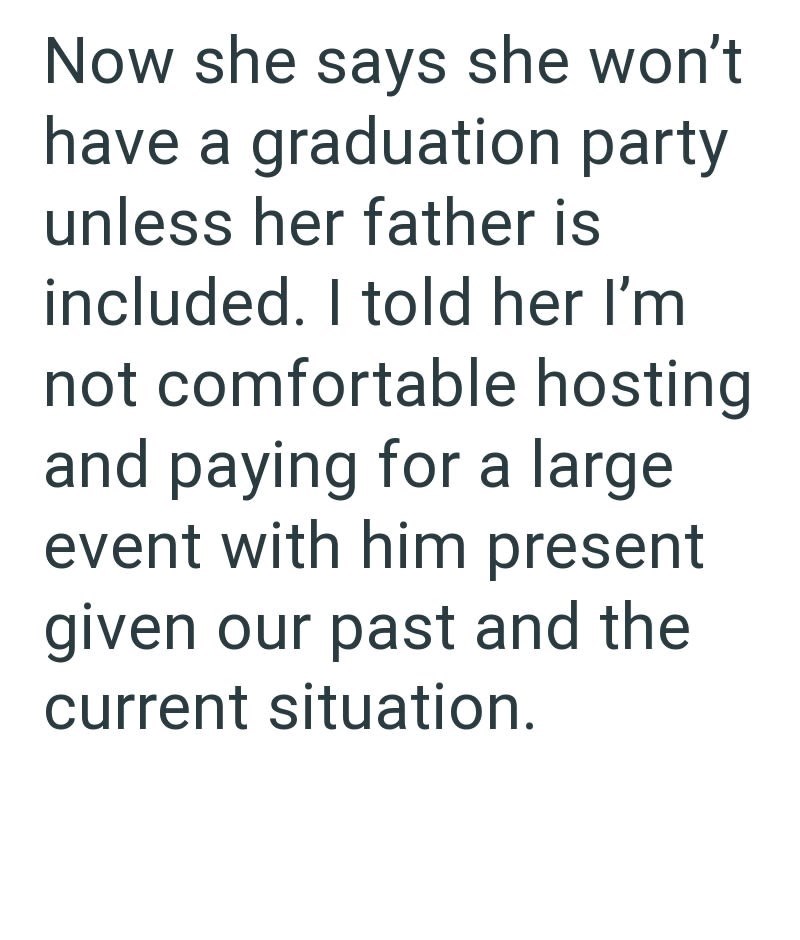 Now she says she won't have a graduation party unless her father is included. I told her I'm not comfortable hosting and paying for a large event with him present given our past and the current situation.