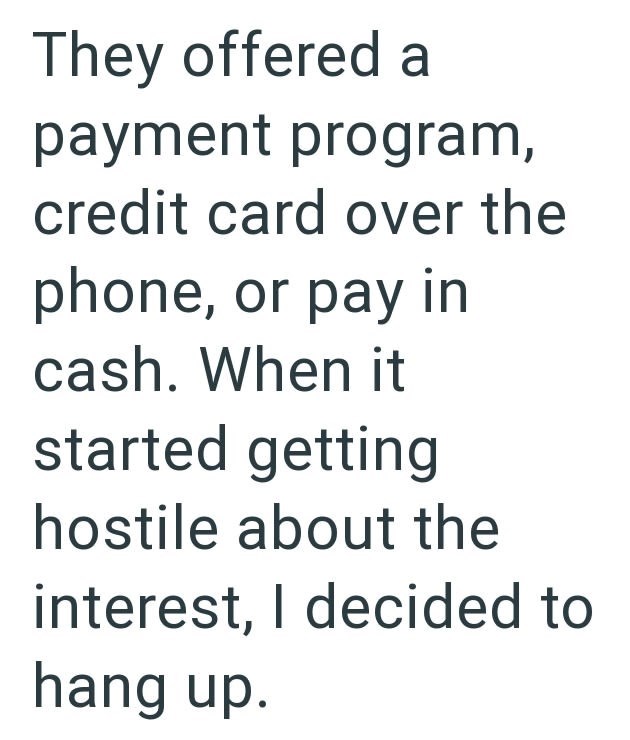 They offered a payment program, credit card over the phone, or pay in cash. When it started getting hostile about the interest, I decided to hang up.