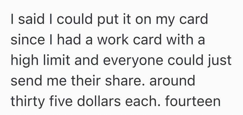 I said I could put it on my card since I had a work card with a high limit and everyone could just send me their share. around thirty five dollars each. fourteen