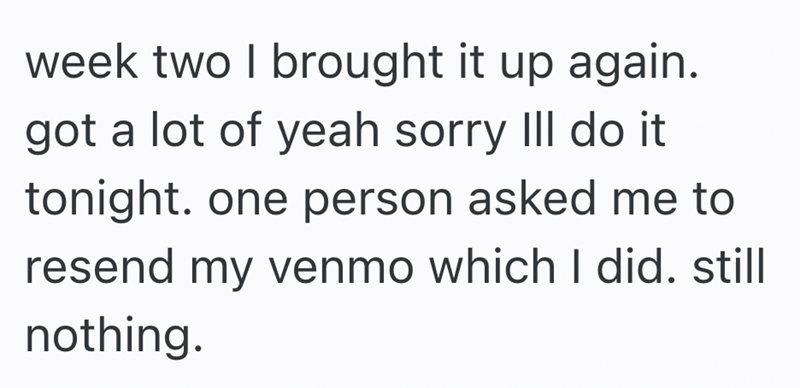 week two I brought it up again. got a lot of yeah sorry III do it tonight. one person asked me to resend my venmo which I did. still nothing.
