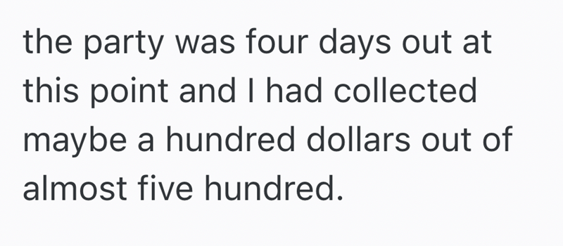 the party was four days out at this point and I had collected maybe a hundred dollars out of almost five hundred.