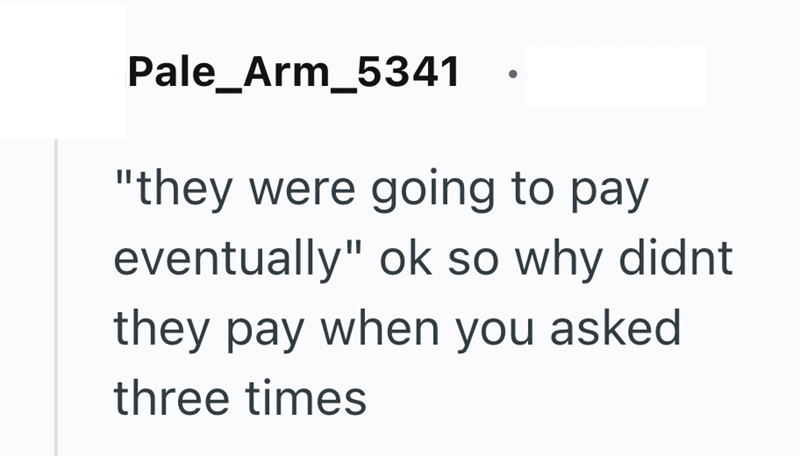 Pale_Arm_5341 "they were going to pay eventually" ok so why didnt they pay when you asked three times