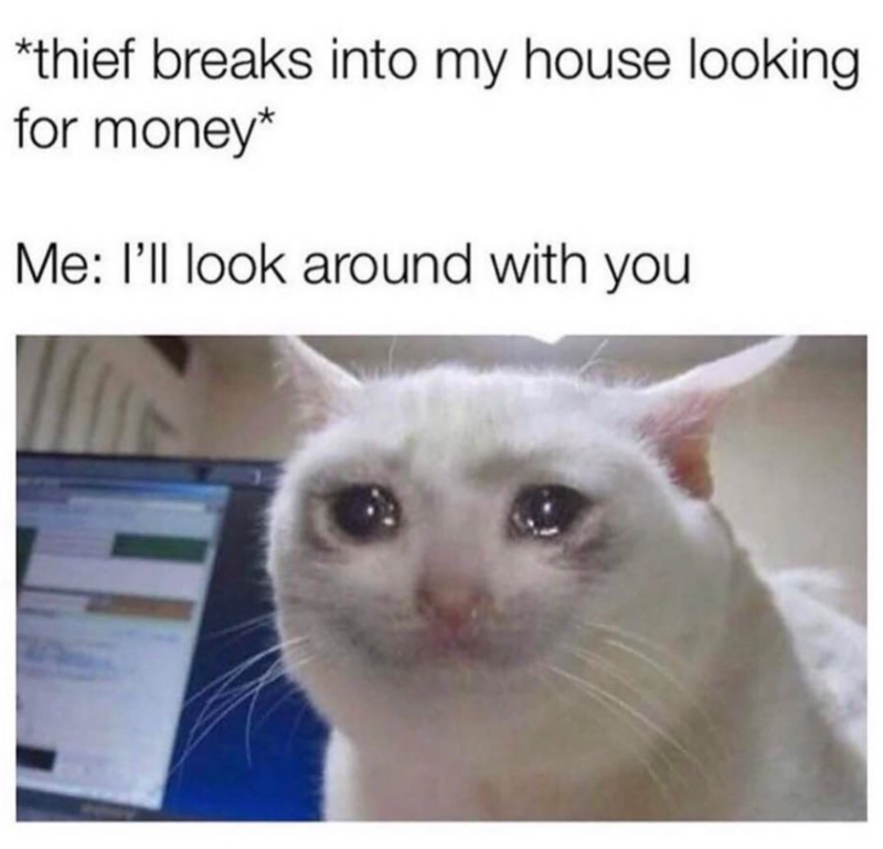 *thief breaks into my house looking for money* Me: I'll look around with you