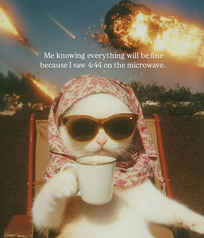 Me knowing everything will be fine because I saw 4:44 on the microwave.
