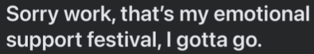 Sorry work, that's my emotional support festival, I gotta go.