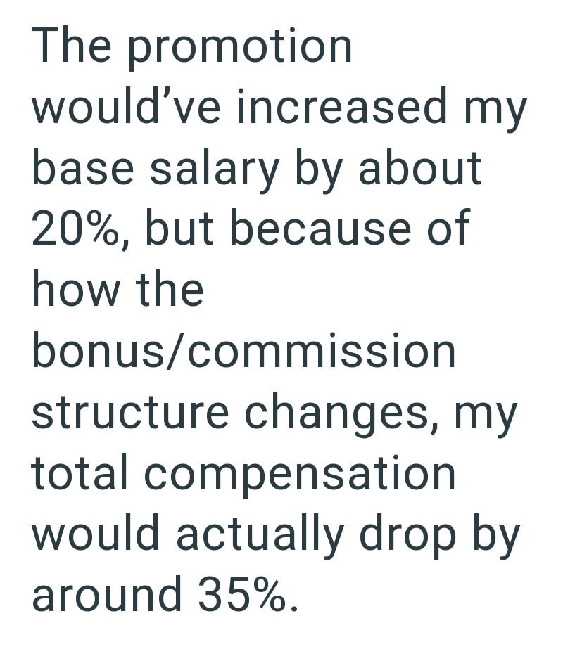The promotion would've increased my base salary by about 20%, but because of how the bonus/commission structure changes, my total compensation would actually drop by around 35%.