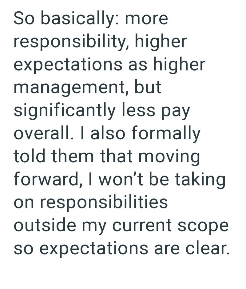 So basically: more responsibility, higher expectations as higher management, but significantly less pay overall. I also formally told them that moving forward, I won't be taking on responsibilities outside my current scope so expectations are clear.