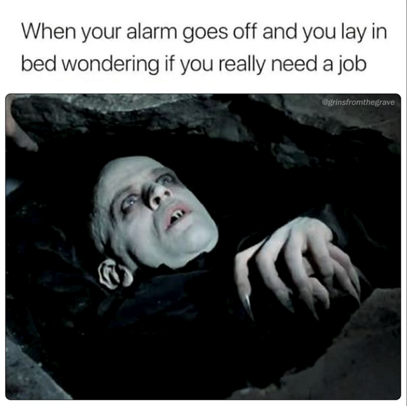 When your alarm goes off and you lay in bed wondering if you really need a job @grinsfromthegrave