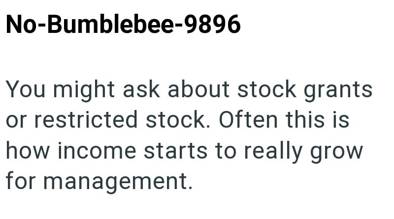 No-Bumblebee-9896 You might ask about stock grants or restricted stock. Often this is how income starts to really grow for management.