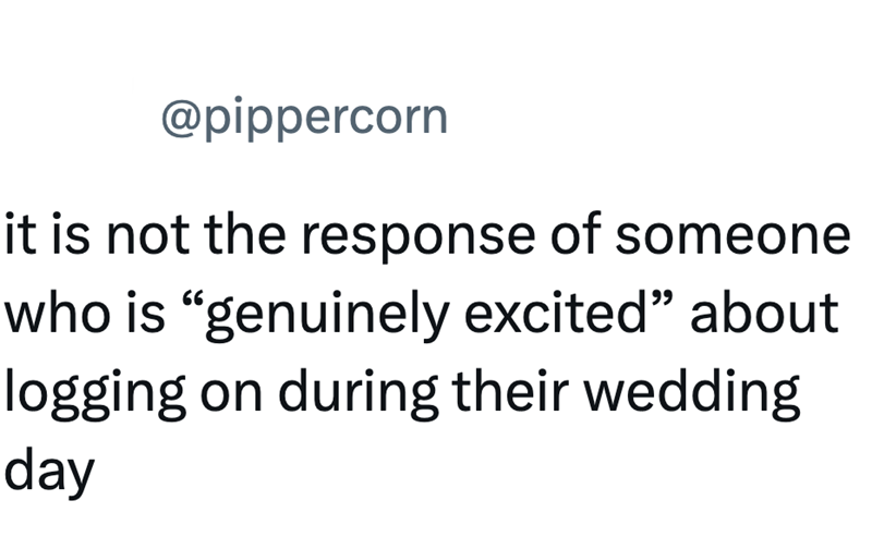 @pippercorn it is not the response of someone who is "genuinely excited" about logging on during their wedding day