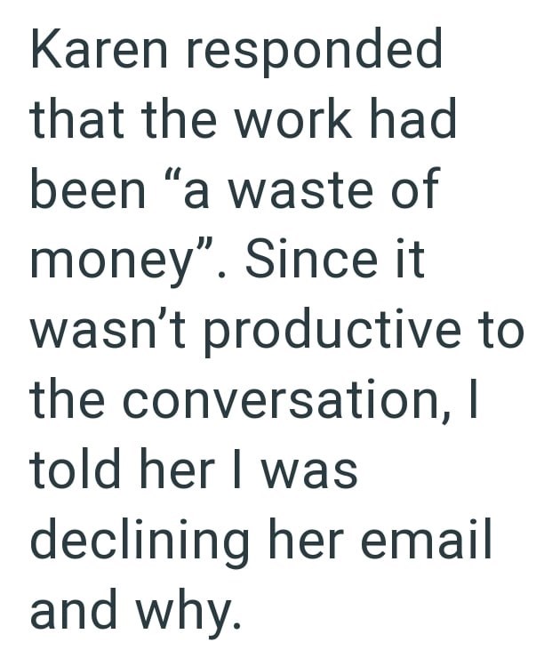 Karen responded that the work had been "a waste of money". Since it wasn't productive to the conversation, I told her I was declining her email and why.
