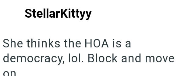 StellarKittyy She thinks the HOA is a democracy, lol. Block and move on