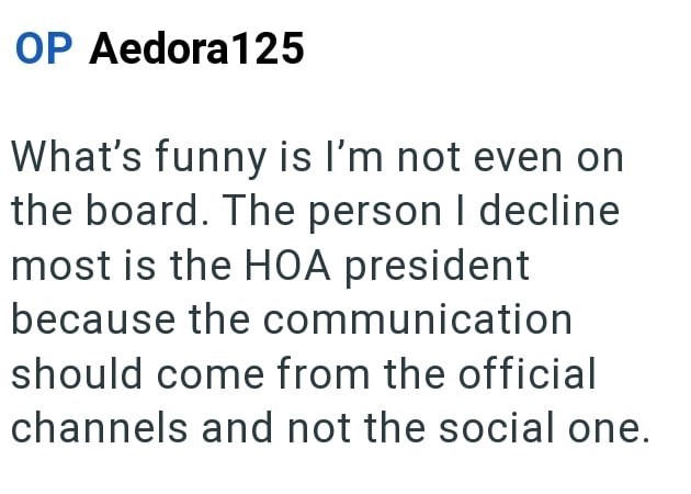 OP Aedora 125 What's funny is I'm not even on the board. The person I decline most is the HOA president because the communication should come from the official channels and not the social one.