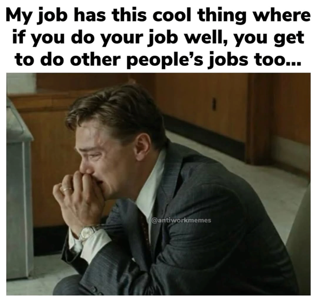 My job has this cool thing where if you do your job well, you get to do other people's jobs too... @antiworkmemes