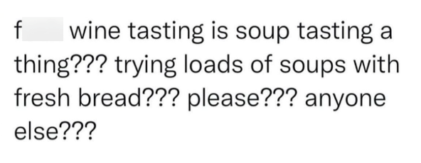 f wine tasting is soup tasting a thing??? trying loads of soups with fresh bread??? please??? anyone else???