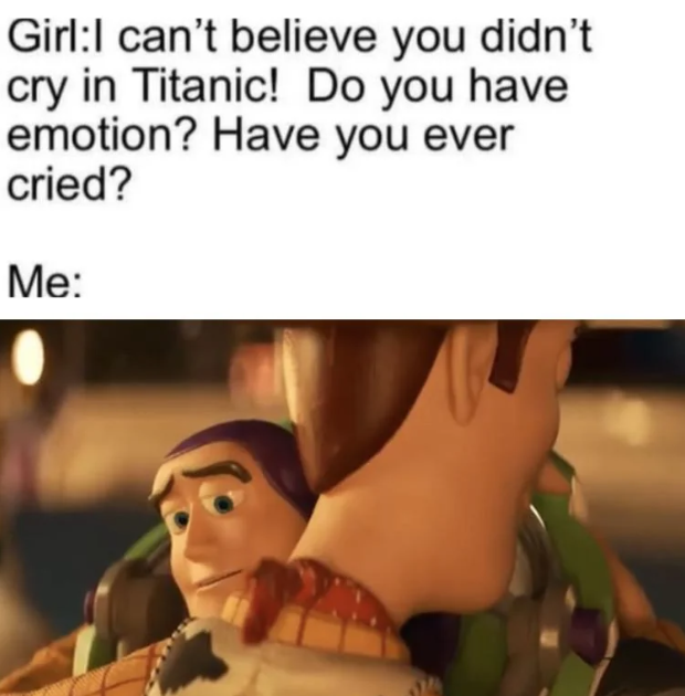 Girl:I can't believe you didn't cry in Titanic! Do you have emotion? Have you ever cried? Me: